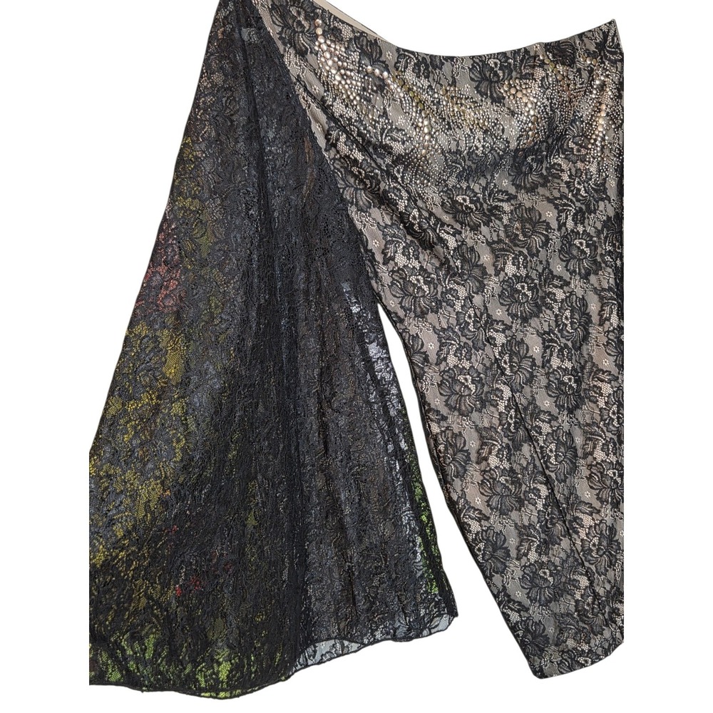 Nikibiki Womens One Shoulder Lace Mini Dress Black Silver Bell Sleeve Sz‎ Med